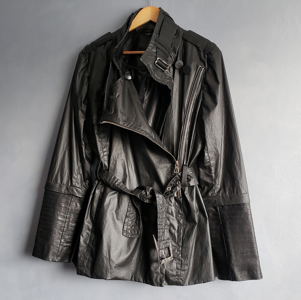 RUDSAK NWOT BLACK COTTON WAXED CANVAS LEATHER LONGSLEEVE BELTED JACKET, US L,